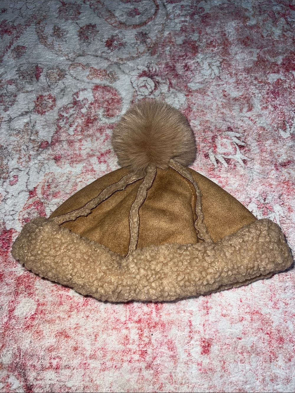 Cozy Tan Faux-Shearling Pom Beanie Hat